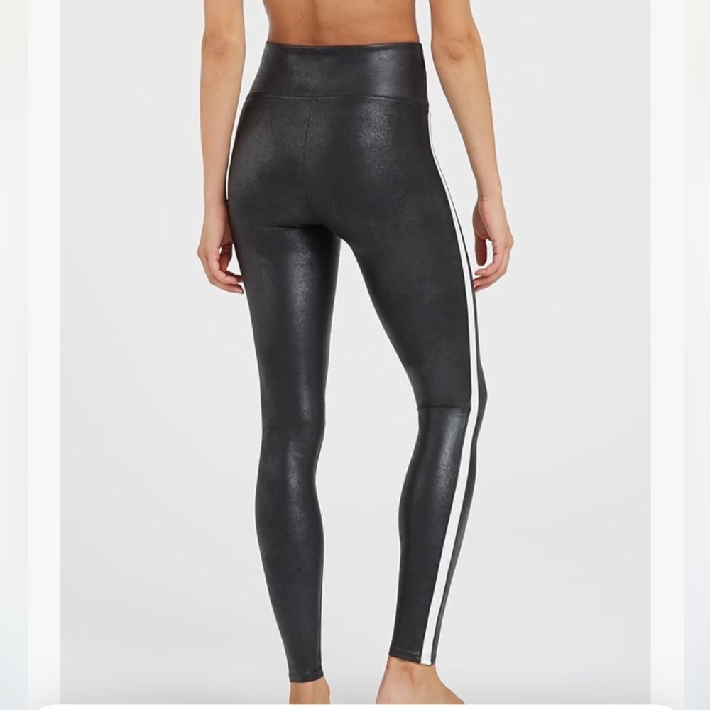 NWT SPANX Black Shiny Leggings with White Stripe! - Picture 2 of 9